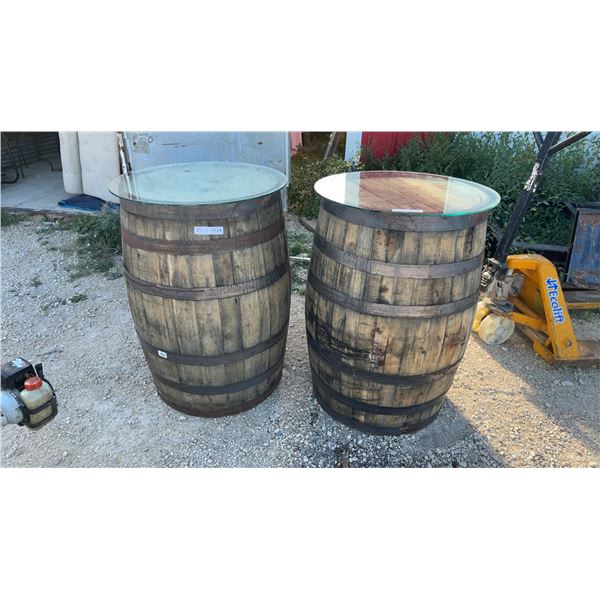 2 Wooden Barrel Tables with Glass Tops