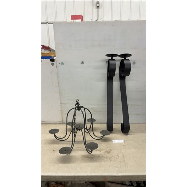 Wrought Iron 7-Light Hanging Candelabra and Pair of Scroll Wall Candle Sconces