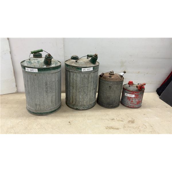 Vintage Galvanized Gasoline Fuel Cans With Wooden Grip Handles, Set of Four