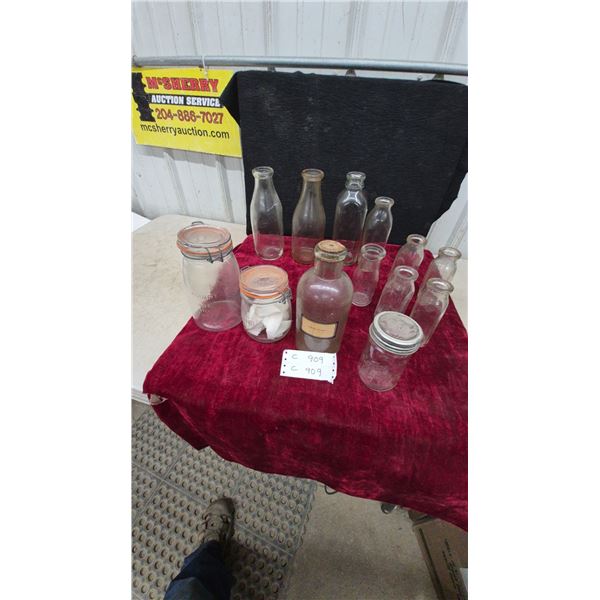 Assorted Glass Bottles and Jars: 2 Bail-Top Jars, 1 Cork-Top Bottle, 1 Mason Jar, and 11 Bottle
