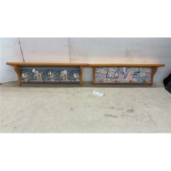 Two Wooden Wall Shelves With Pegs, Believe Love Dream and "Love" Design, 9 × 30 × 5”