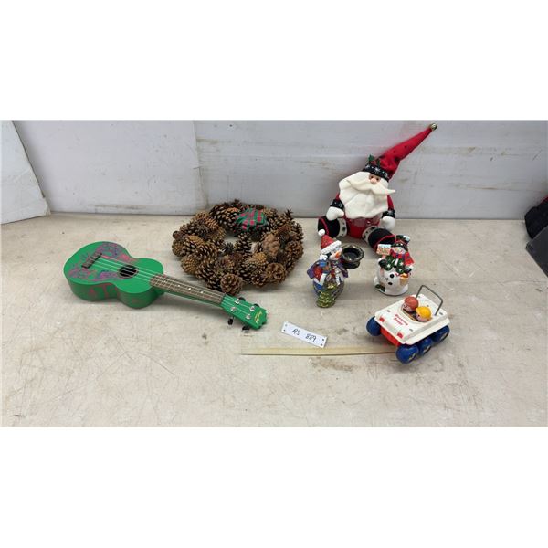 Maestro Ukulele, Pinecone Wreath, Santa Jar, Snowmen Figurines, Bouncing Buggy Toy