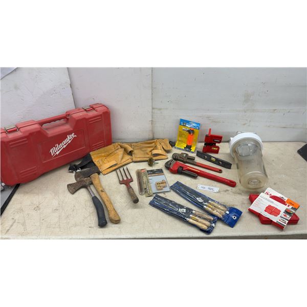 Pipe Wrenches, Files, Power Fist Piezo Micro Torch, Tool Belt, Empty Milwaukee Case