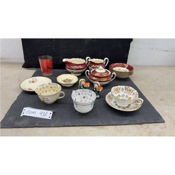 Assorted Porcelain Teacups, Saucers, Creamer, Sugar Bowl, Fortune Telling Cup