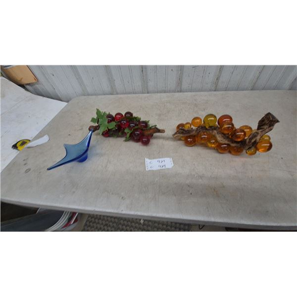 2 Glass Grape Clusters on Driftwood and Blue Art Glass Bowl