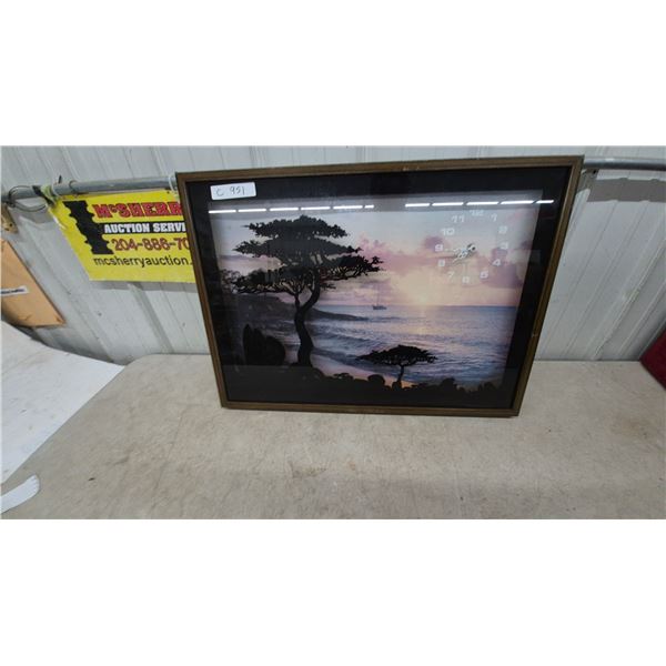 Framed Wall Clock with Sunset and Tree Silhouette Scene, 21”×29”