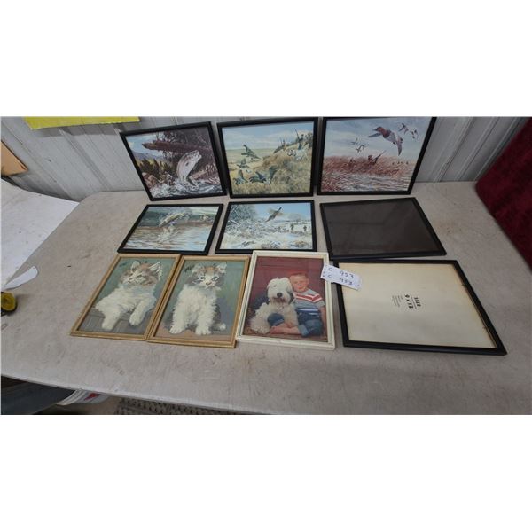 Assorted Framed Art: Fishing, Hunting, and Kitten Paint-by-Number Paintings