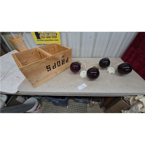 Vintage Double-Arm Wall Sconces with Burgundy Glass Globes and “Props” Crate