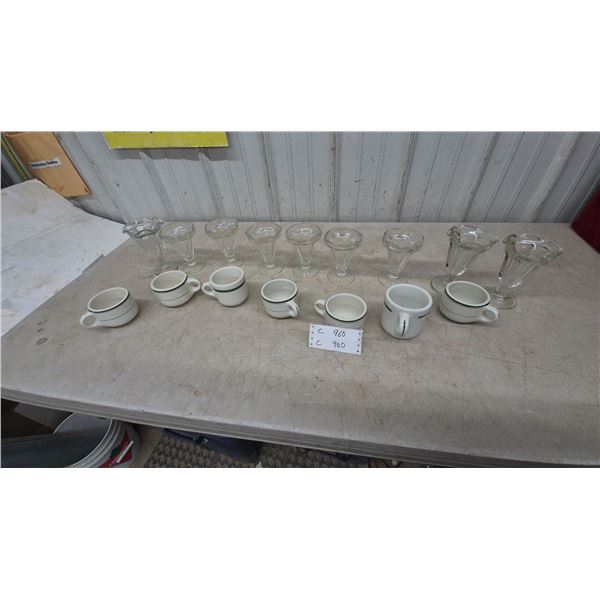 Assorted Glass Ice Cream Sundae Dishes and White Ceramic hotel Mugs with Green Bands