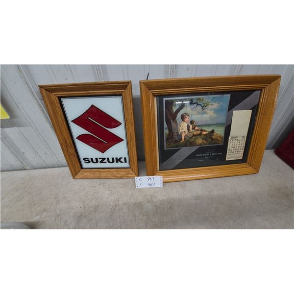 Framed Suzuki Logo Sign and 1941 Bryce's Bakery and Coffee Shop Calendar