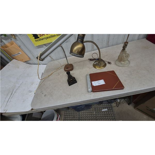 Assorted desk Lamps, Vintage Hole Punch, and office Album