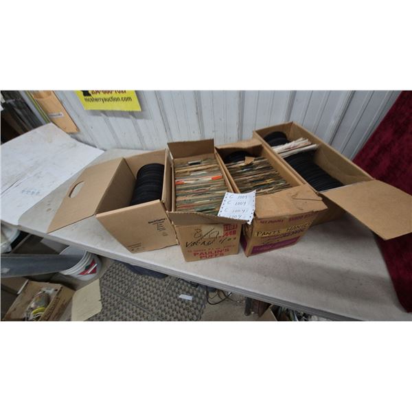 Large Lot of 45 RPM Records in 4 Cardboard Boxes, Some with Sleeves