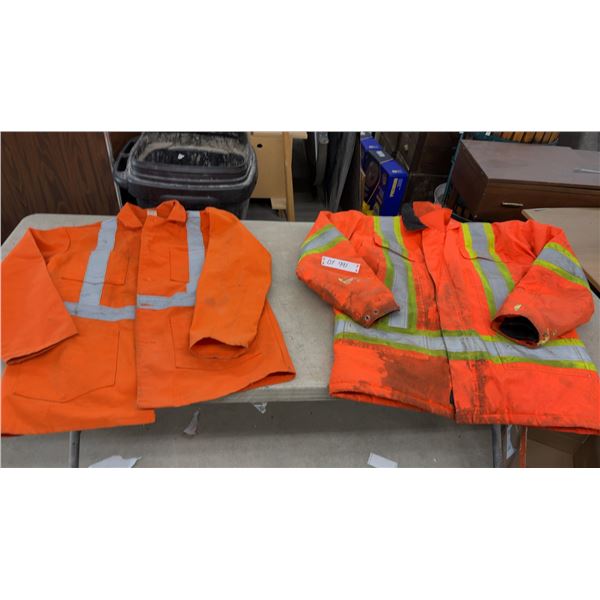 Two Orange High-Visibility Work Jackets with Reflective Striping, One Insulated, Size 46 and Large