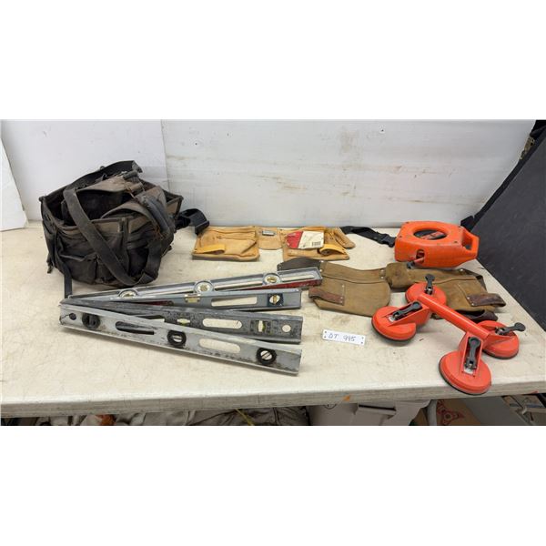 Tool Bag, Jobmate Leather Tool Belt, Levels, Suction Cup for Glass, Extension Cord Reel