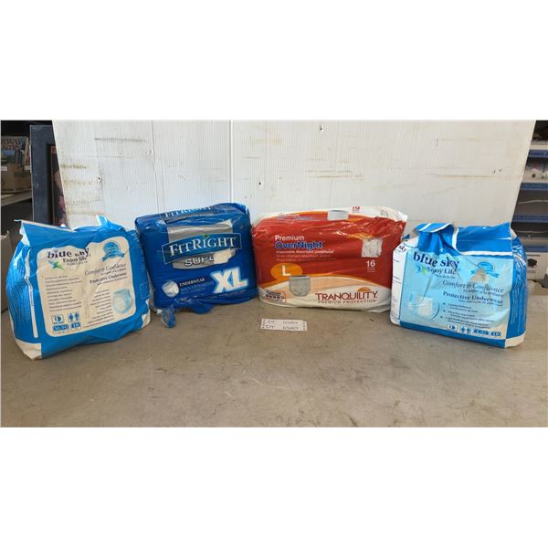 Assorted Adult Protective Underwear: Blue Sky Enjoy Life, FitRight Super XL, and Tranquility