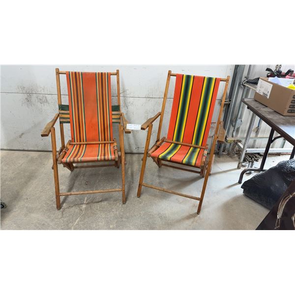 Pair of Vintage Mid-Century Wooden Folding Deck Chairs with Striped Canvas Seats