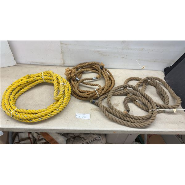 Four Bundles of Rope, Yellow Synthetic Tow Rope, Natural Hemp Rope