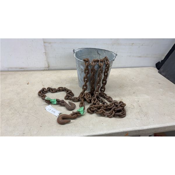 Galvanized Metal Bucket and 30 Ft Heavy-Duty Chain with Two Clevis Grab Hooks