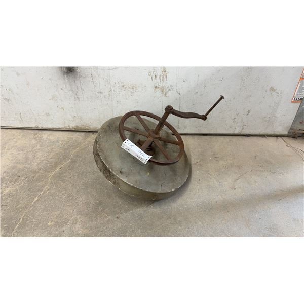 Antique Hand-Cranked Grindstone with Cast Iron Drive Wheel and Crank Handle, 16 1/2” Diameter