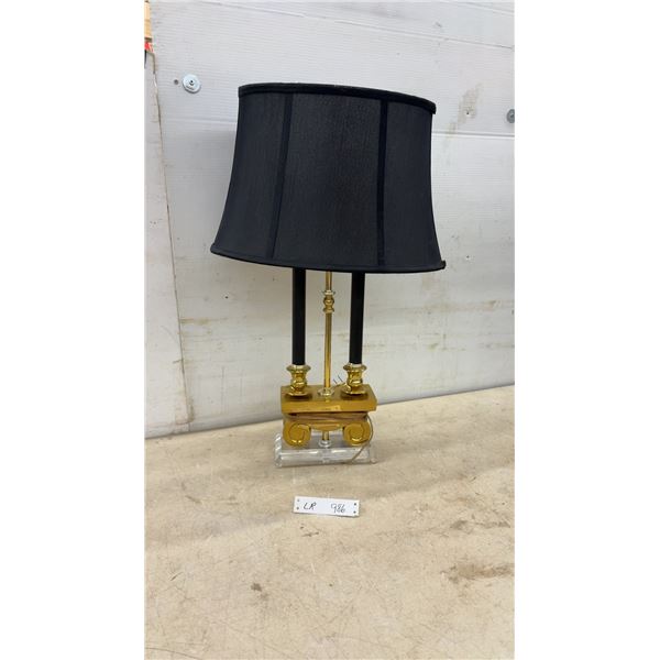 Vintage Hollywood Regency Brass and Lucite Double Candelabra Table Lamp With Black Shade, 27” High