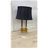 Image 1 : Vintage Hollywood Regency Brass and Lucite Double Candelabra Table Lamp With Black Shade, 27” High