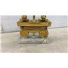 Image 2 : Vintage Hollywood Regency Brass and Lucite Double Candelabra Table Lamp With Black Shade, 27” High