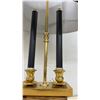 Image 3 : Vintage Hollywood Regency Brass and Lucite Double Candelabra Table Lamp With Black Shade, 27” High