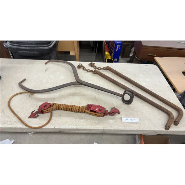 Vintage: Block and Tackle Pulley System, Ice Tongs, and Skidding Hooks with Chain