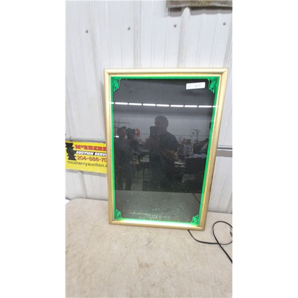 Lighted shadow box with Green Trim and Gold Frame, lights up. 24”×36”