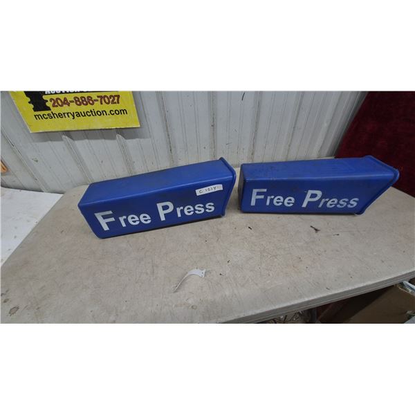 Two "Free Press" Newspaper Boxes, Blue Plastic, with White Lettering