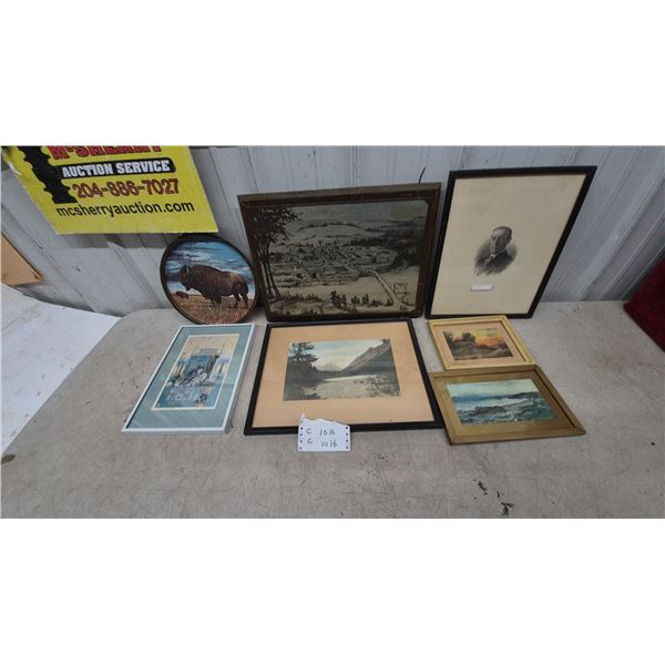 Framed Engraving of Pres. Woodrow Wilson, Framed Town Scene, Buffalo Tray