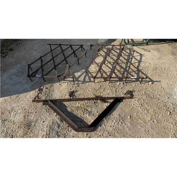 Two Vintage Spike Tooth Harrows and Drawbar