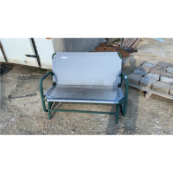 Outdoor Double Glider Bench, Green Metal Frame and Gray Fabric