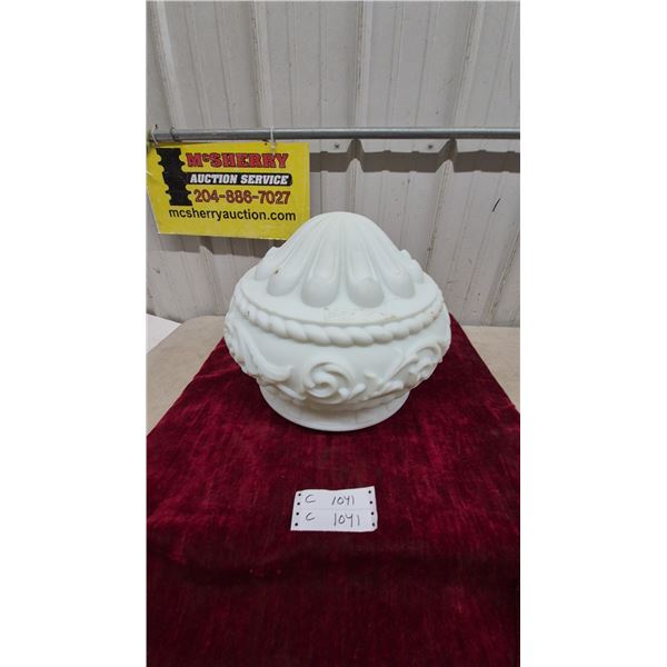 White Milk Glass Lamp Shade/Finial with Floral and Scrollwork Design