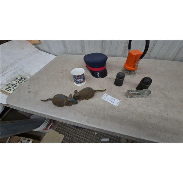 Two Cast Iron Mouse Figurines, Railway Light, and Conductor Cap