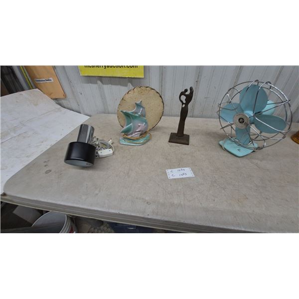 Electrohome "Long Life" Fan, Abstract Bronze Sculpture, and Ceramic Sailboat lamp
