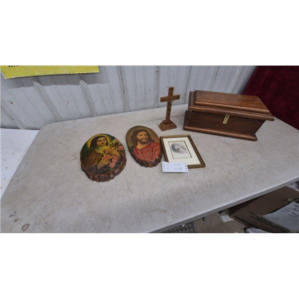 Religious Lot: Jesus and Saint Thérèse Wood Plaques, Framed Saint Print, Crucifix, and Wood Box
