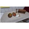 Image 1 : Religious Lot: Jesus and Saint Thérèse Wood Plaques, Framed Saint Print, Crucifix, and Wood Box