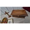 Image 6 : Religious Lot: Jesus and Saint Thérèse Wood Plaques, Framed Saint Print, Crucifix, and Wood Box