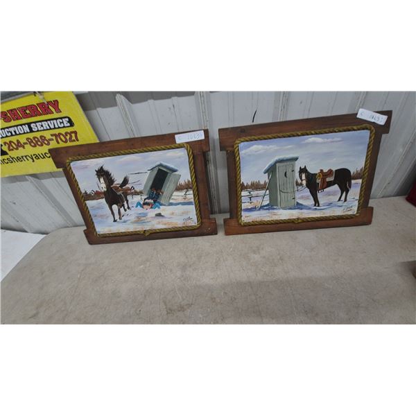 Pair of Framed "Outhouse" Paintings by F. Orne. 14”×20”