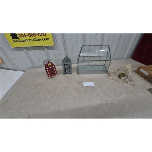 Miniature Barn and Outhouse art on brick Glass Terrarium, and Stone Candle Holder