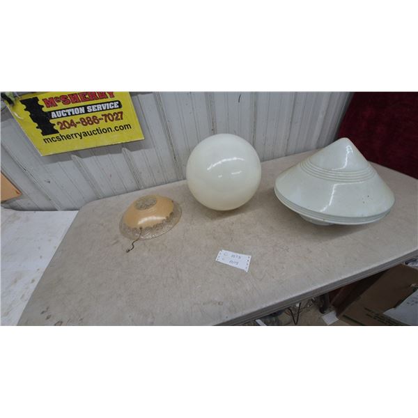 Three Vintage Glass Light Shades: One Opaque White Sphere, One Opaque White Cone, and One Amber