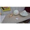 Image 1 : Three Vintage Glass Light Shades: One Opaque White Sphere, One Opaque White Cone, and One Amber