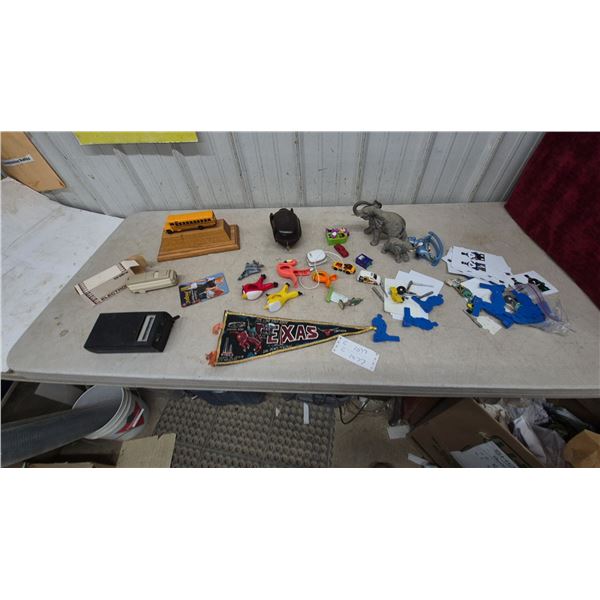 Assorted Toys and Collectibles: Texas Pennant, Elephant Figurines, Toy Cars