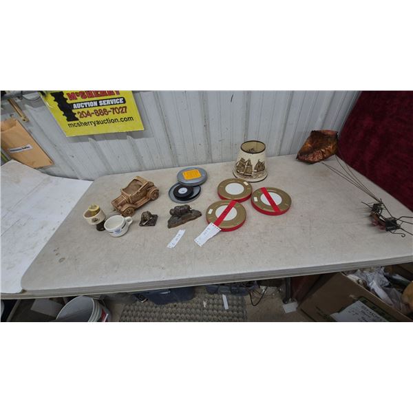 Vintage Film Reels, Ceramic Car, Bulldog and Buffalo Figurines, Metal Art