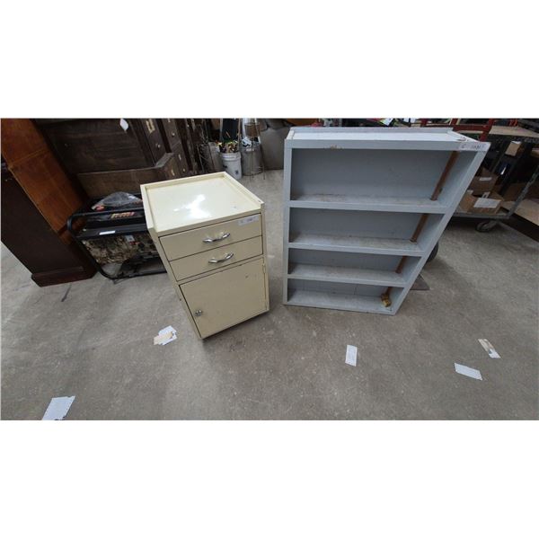 Rolling Metal Cabinet. 28”×19”×17” and 4-Shelf Bookcase 36”×27”×11”