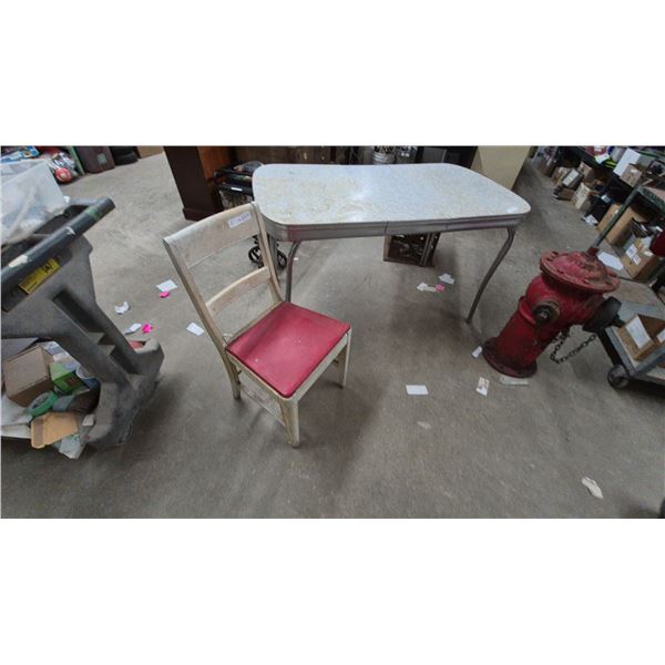 Vintage Dining Table and Chair, White and Red, Mid-Century Style. 29”×52”×30”