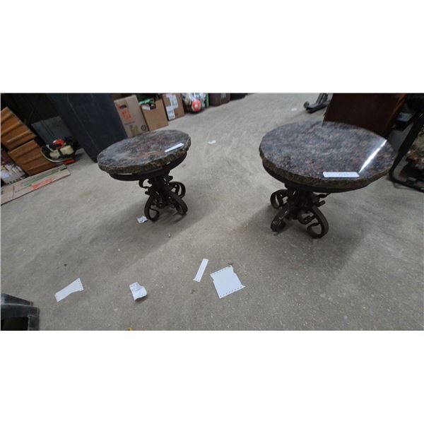 Pair of Round Granite-Top Side Tables with Wrought Iron Bases 15” High 17” diameter