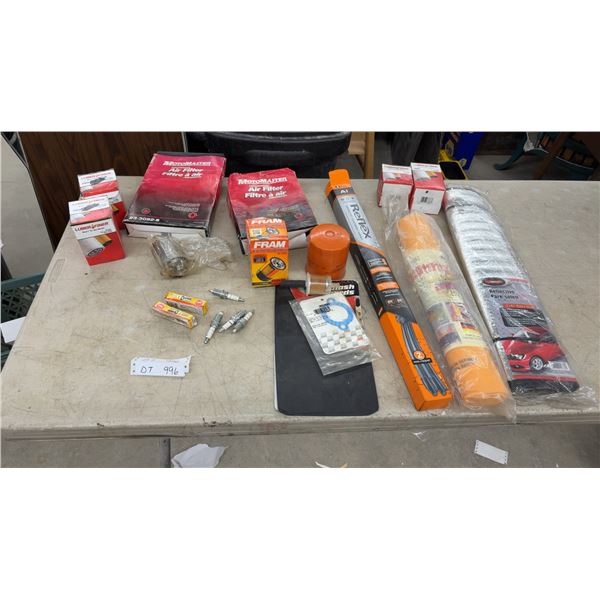 Automotive Lot: Reflective Sun Shade, Air Filters, Oil Filters, Spark Plugs, New Wiper Blades
