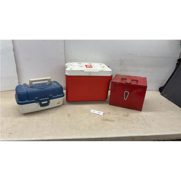 Plano Tackle Box, Milwaukee PACKOUT Cooler, and Red Metal Box, 10 × 11 × 9 1/2”